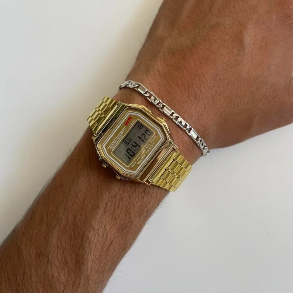 Y2K 2000s vintage retro gold stainless steel digital watch